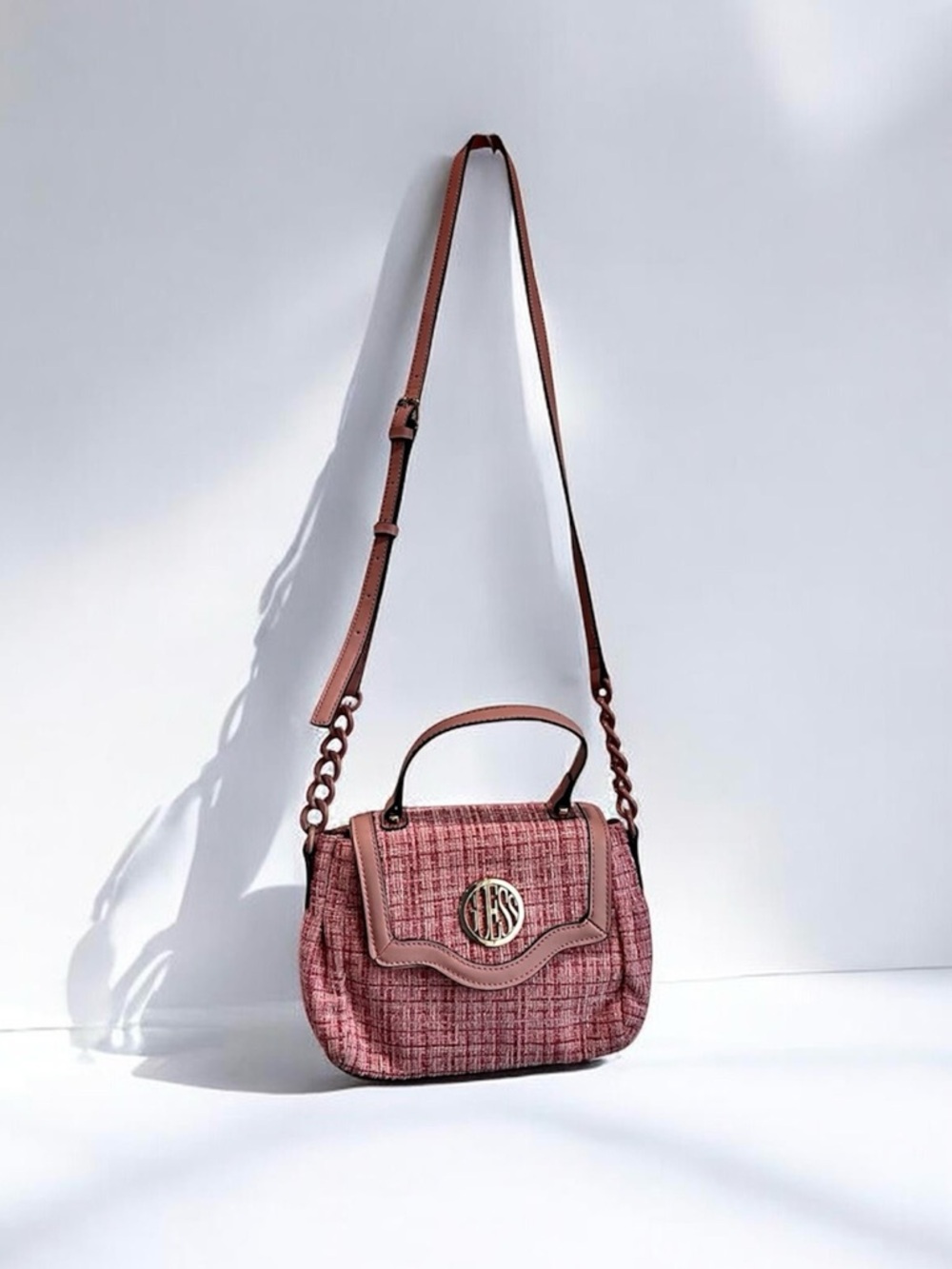 GUESS | Pink Gingham Tweed Crossbody Bag with Leather Trim